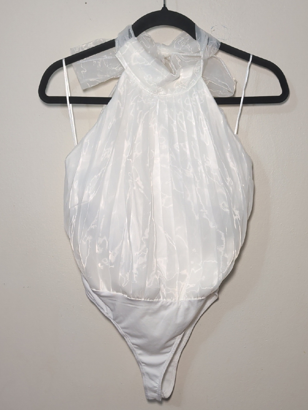 TCEC x Pants Store Pleated Sheer White Halter Bodysuit Tie Neckline Women Size M